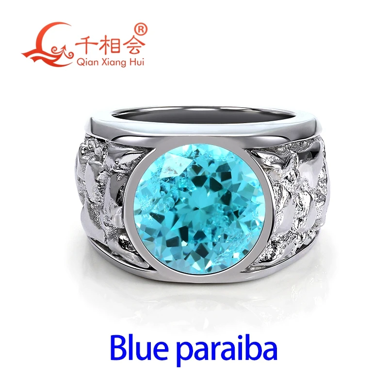 

925 Silver 12mm Round lab grown YAG Neon Blue/Neon Greenish Paraiba Tourmaline Men's Ring, Carved Textured Wide Band Ring