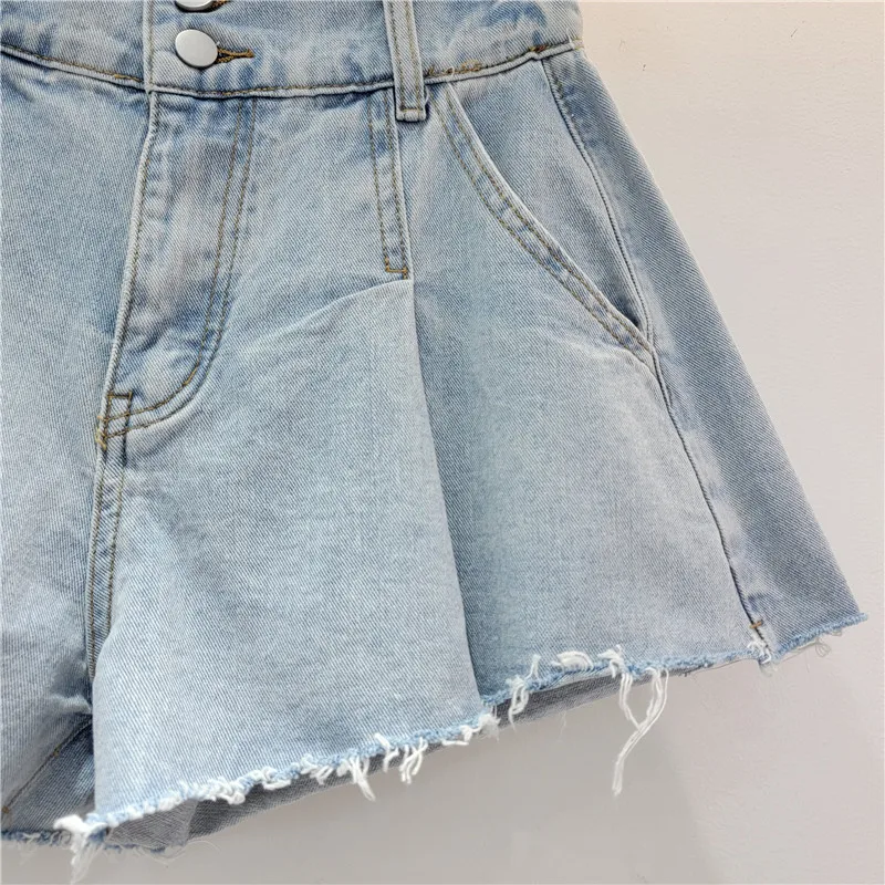 Short en jean denim à jambes larges, jean taille haute, deux boutons, couleur unie, tout match, pantalon court décontracté, simple, été