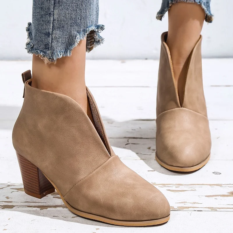 

2023 New Women Boots V Cutout Ankle Boots Stacked Heel Booties Fashion Chelsea Boots PU Botas Zapatos Mujer SIze 35-42