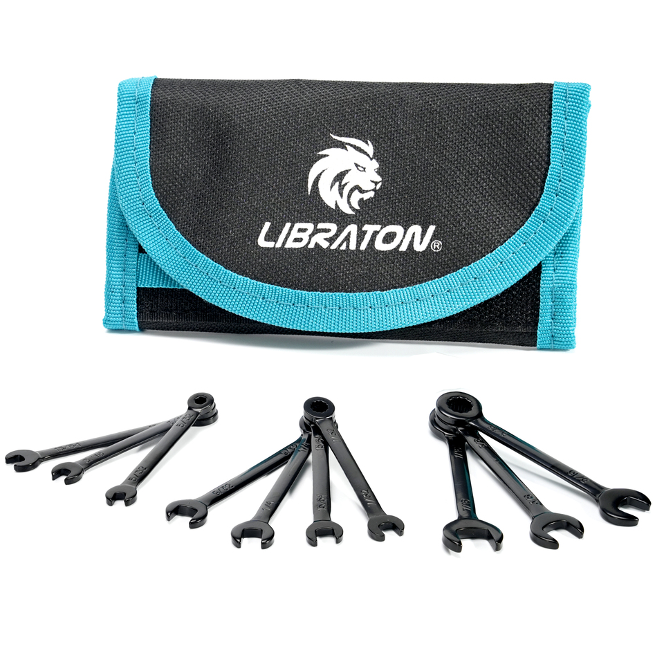  LIBRATON 10-Piece Mini Wrench Set Metric 4-11mm / SAE 5/32"-7/16" Premium Carbon Steel Lightweight Organizer Pouch Included 