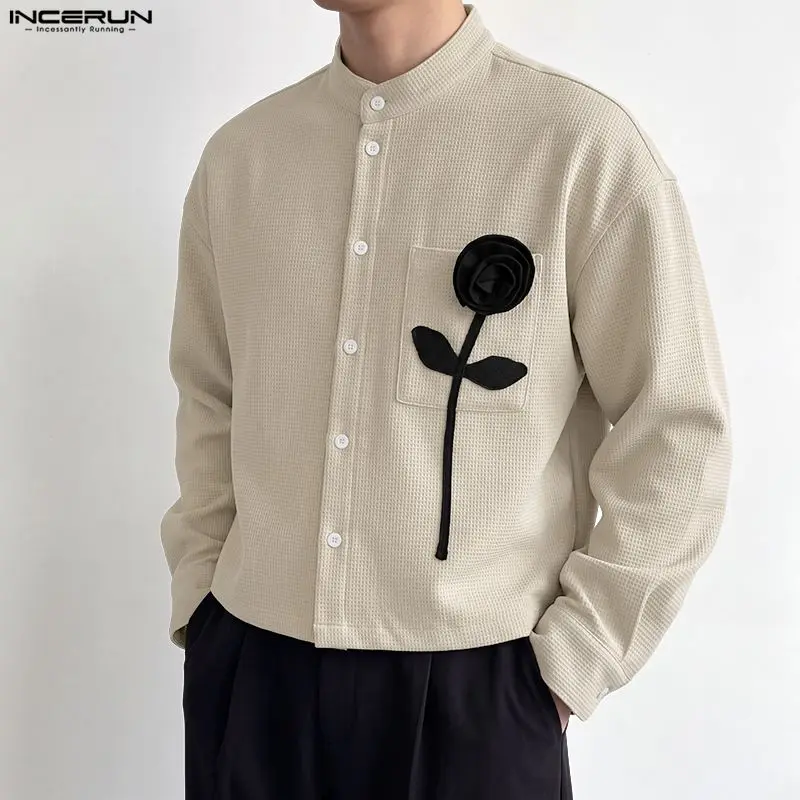 Fashion Men's Shirt Flower Patchwork Stand Collar Long Sleeve Men Clothes Streetwear Casual Autumn Crop Tops For Man INCERUN