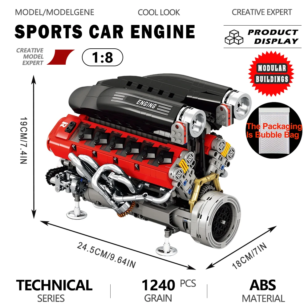 Motor de combustión interna de carreras V12 SP3, modelo de motor de coche famoso, grupo de bloques de construcción, ensamblaje de energía, ladrillos, juguete para regalo para niños
