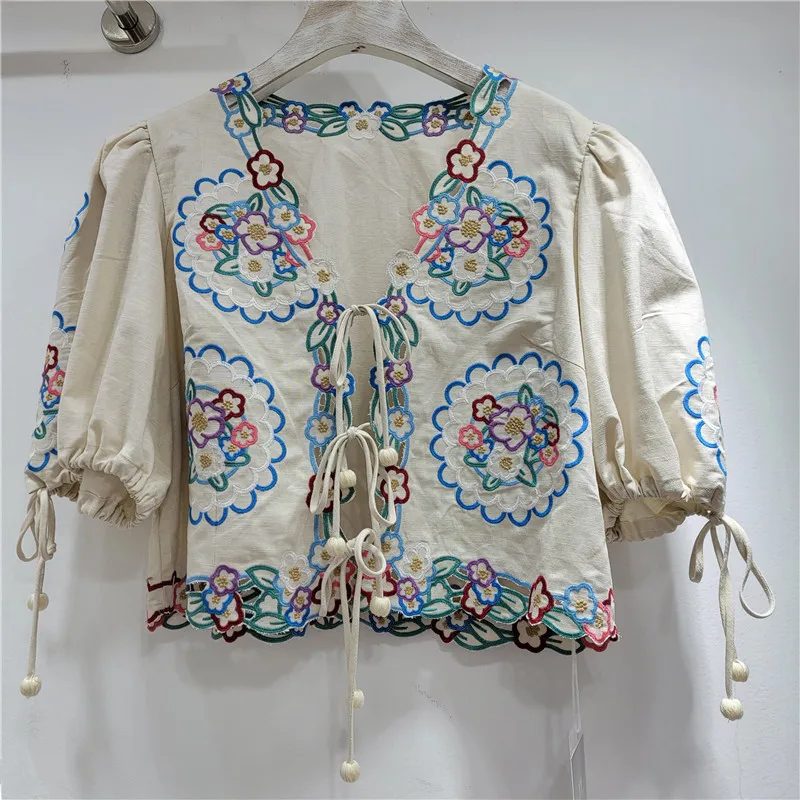 

French Niche Bohemian Blouse for Women, 2026 Summer Playful Colorful Floral Embroidered Cutout Tie-up V-neck Cropped Top, Shirt