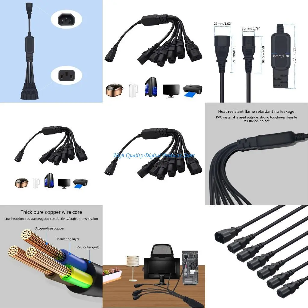 

U2JE C14 to 6 C13 Power Cord PDU IEC320 C14 Male to 6xC13 Female Splitters Power Cord
