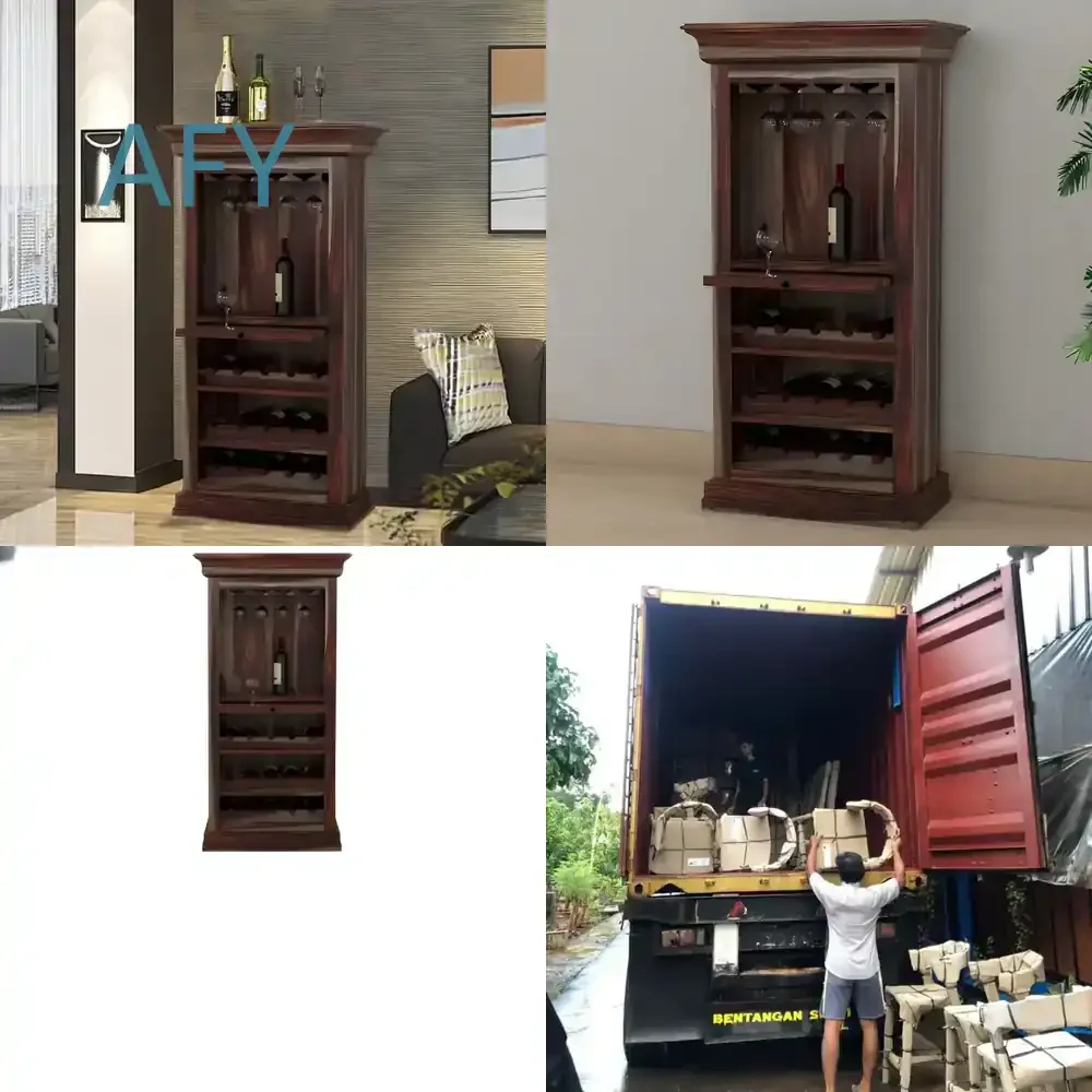for Java Wood Furniture for Solid Teak Wood 15-Bottle Modern Wine Cabinet with Pull-Out Tray Glass Holder Stainless Steel