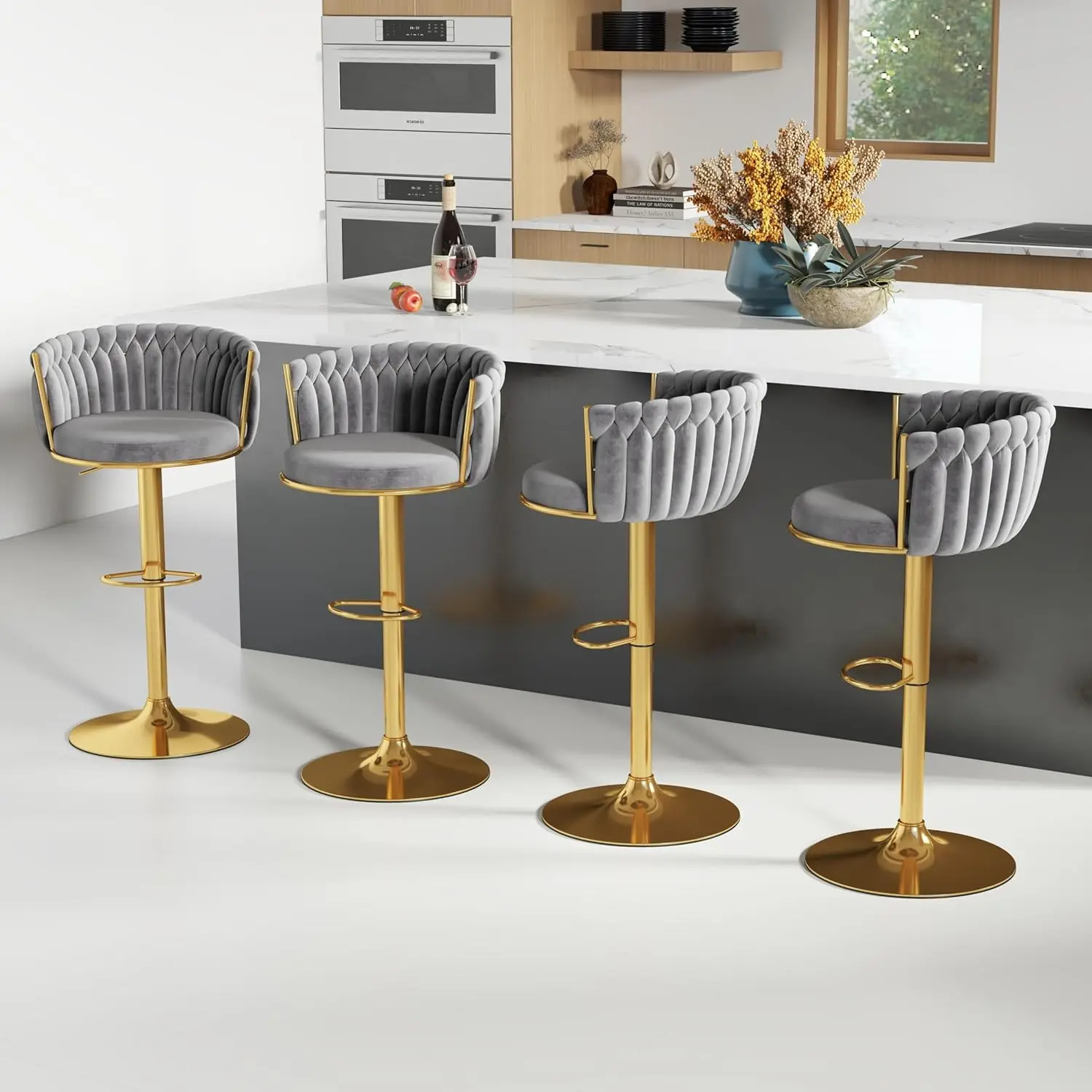 

Gold Bar Stool Set of 4, Velvet Swivel Barstools, Height Adjustable Counter Stools with Woven Back, Upholstered Modern Luxury