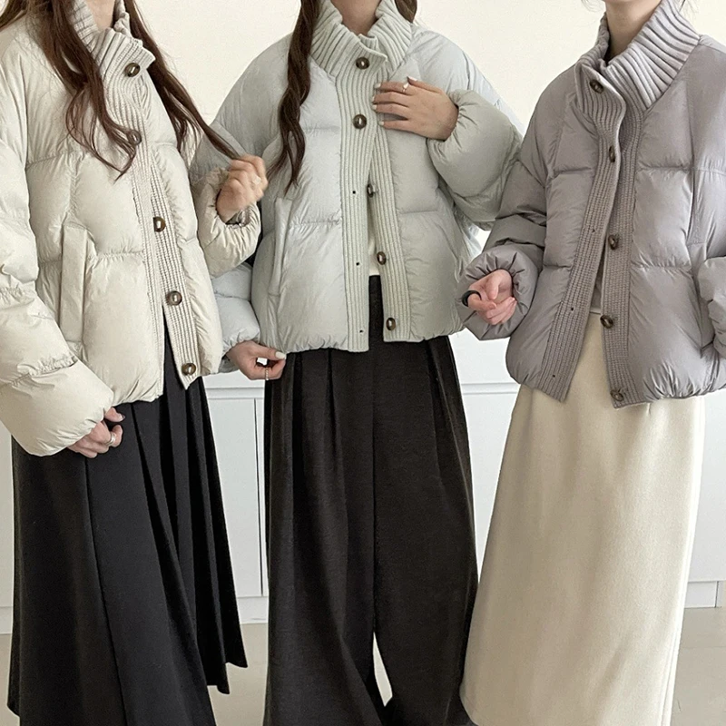 

Winter High Neck Knitted Splicing Down Jacket Women White Duck Down Single Breasted Parker Outwear Female Thick Warm Puff Jacket