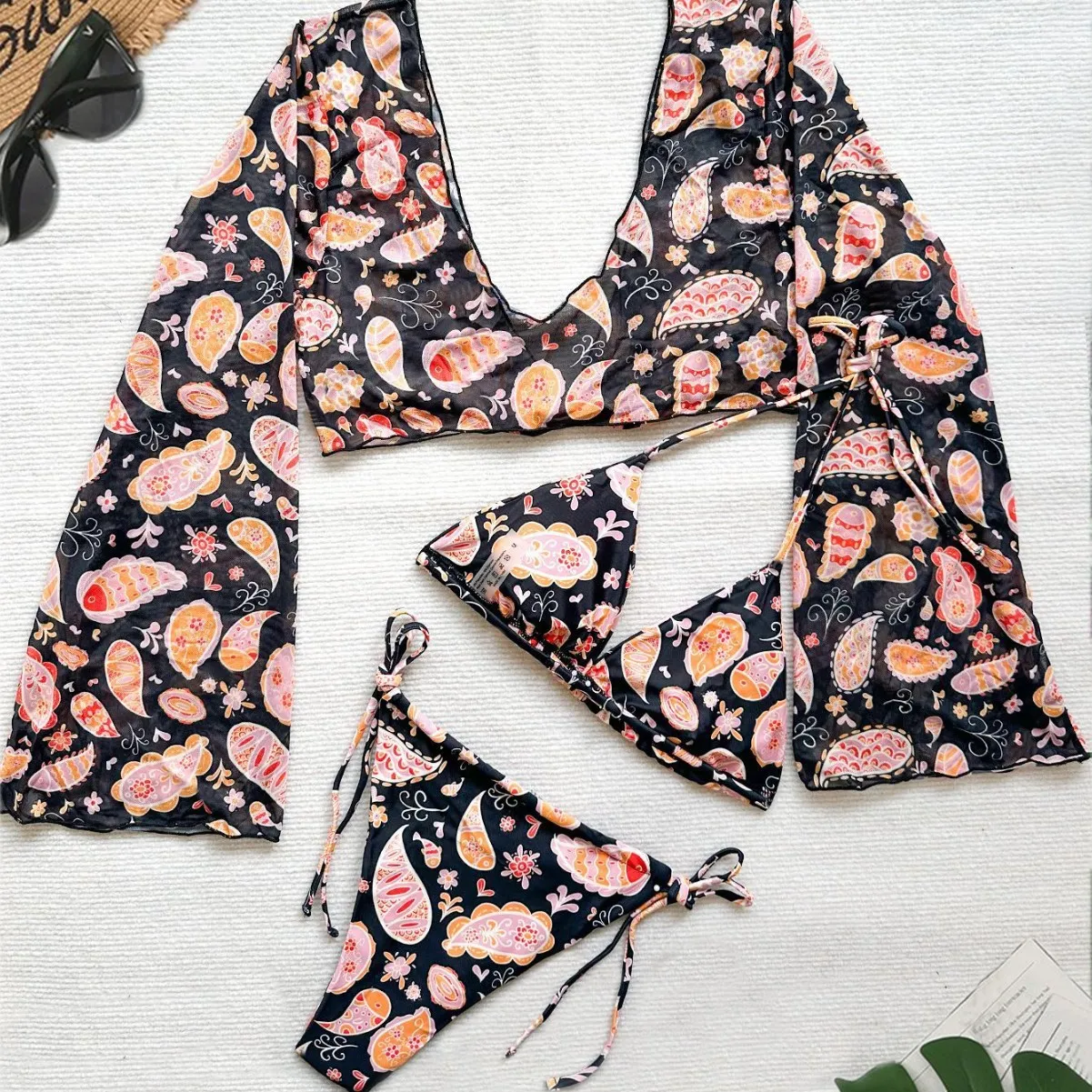 ثلاث قطع البيكينيات النساء 2025 جديد طباعة حبال مثير عالية الخصر ملابس الصيف Tankini ملابس الشاطئ ثوب السباحة للإناث