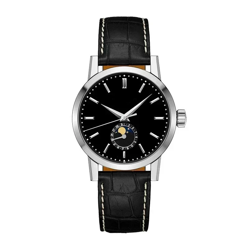 

Luxury Watch Man High-end Automatic Self Wind Movement Mechanical Watches MoonPhase Black Leather Strap Sapphire Glass