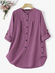 ZANZEA Women Casual Loose Rounded Hem Shirts Long Sleeve Long Camisas Islamic O Neck Button Up Blouse Muslim Fashion Autumn 2024