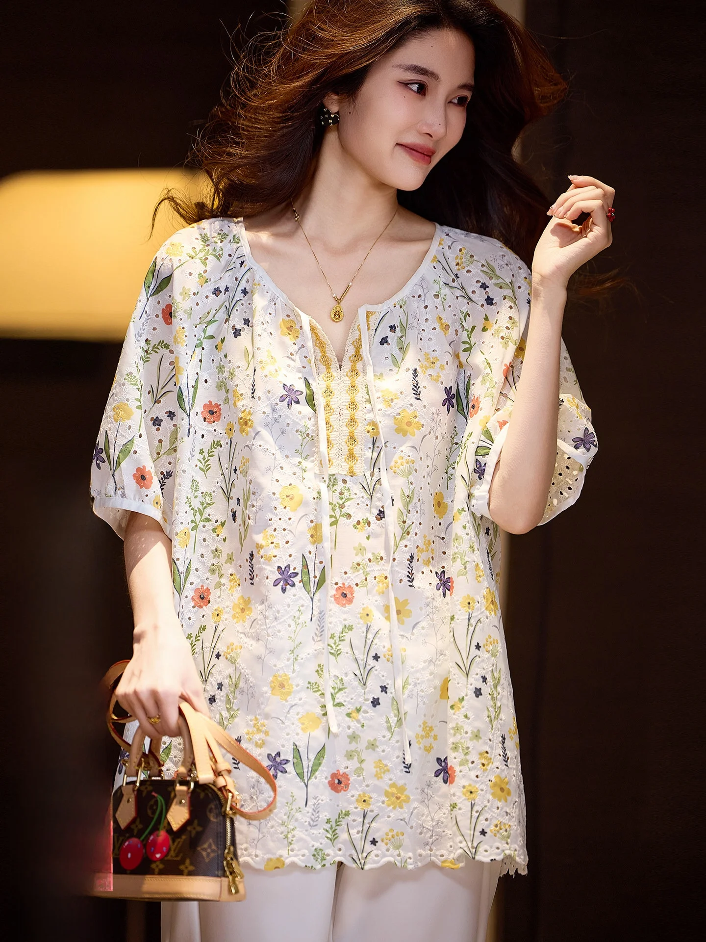 

Elegant Embroidered Hollow out Short Sleeve Shirt Women's Loose Oversize Cover up Shirt Street Style Summer 2026 Polyester Fiber