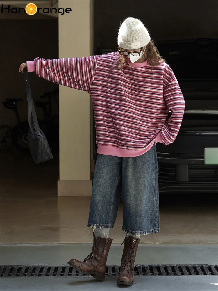 HanOrange 2025 Autumn Fashion Retro Falling Shoulder Contrast Striped Sweatshirt Women Loose Top Pink/Black