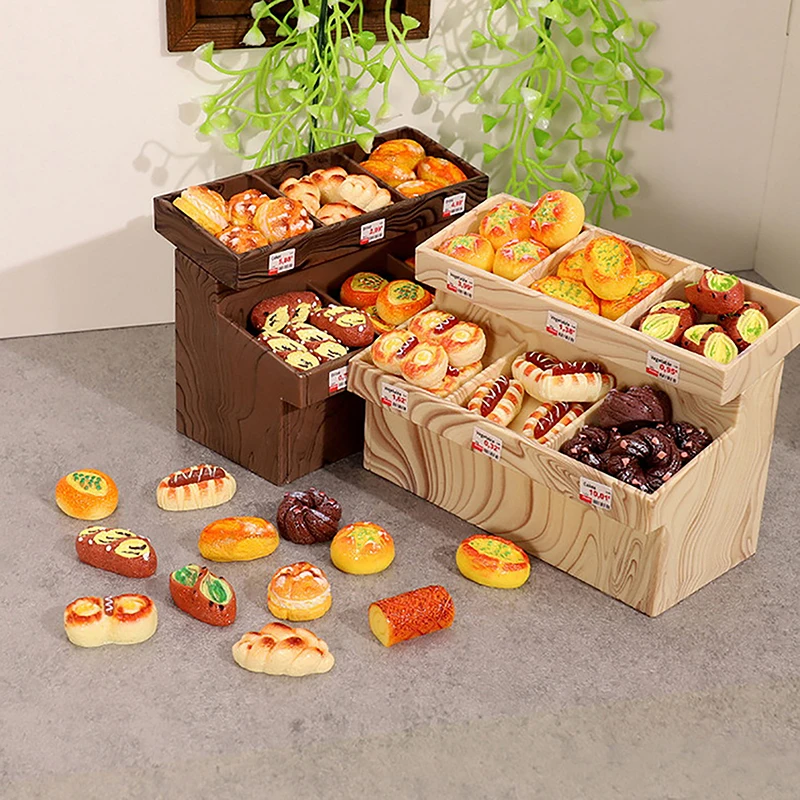 Mini armadietto per il pane per casa delle bambole Cestino per il pane in miniatura Simulazione in miniatura Pane Dessert Modello Giocattoli Decorazione della scena del supermercato