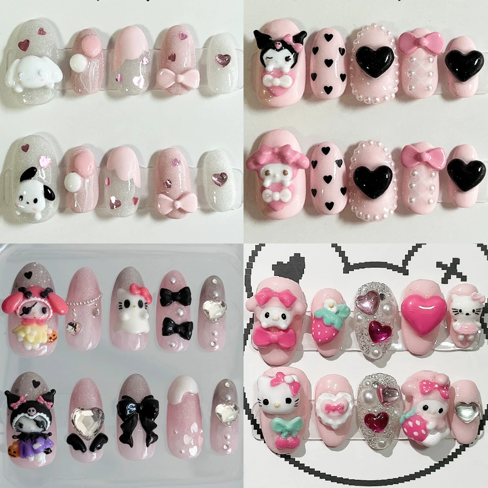 

10Pcs Kawaii Cartoon Almond Artifical Press On Nail Sanrio Hello Kitty My Melody Kuromi Bow Rhinestone Reusable Full Cover Nail