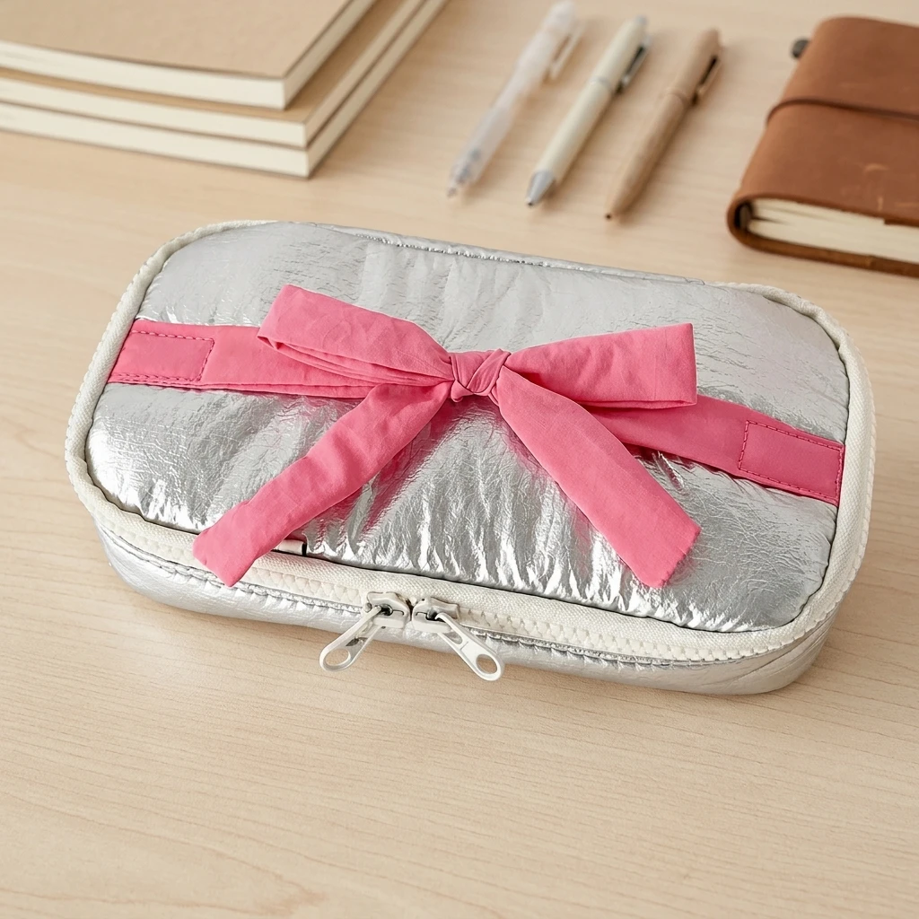 1 Pack Pencil Case Canvas Material for School Students Cute Bowknot Stationery Pouch Durable Lightweight Exam Prep Organizer