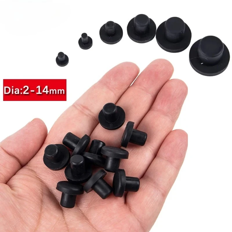 2mm-14mm Black Silicone Hole Stopper Solid Rubber Hole Caps Round Seal Plugs T Type High Temperature Dustproof Plugs