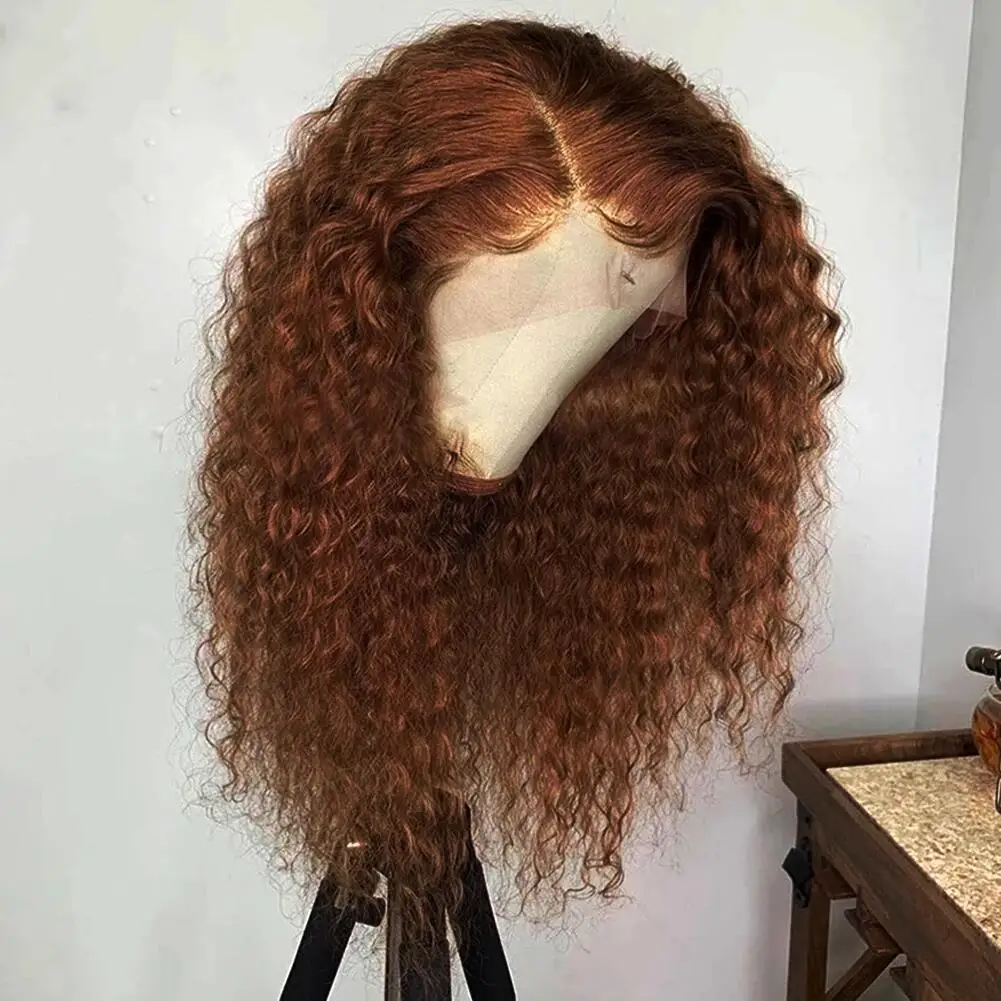 Peluca larga y suave sin pegamento para mujer, postizo de encaje frontal rizado 180% marrón, pelo de bebé sintético prearrancado, resistente al calor diario, 26 pulgadas