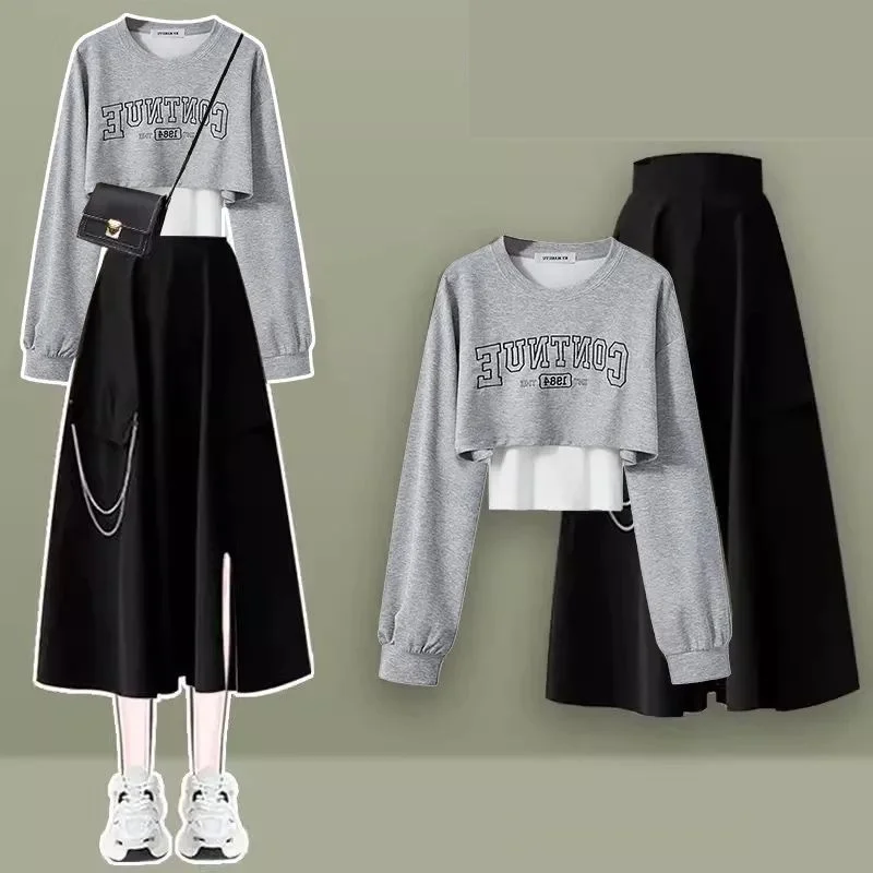 

2026 Women's Autumn New Fashion Loose Letter Short Hoodie+Black Midi Skirt Two Piece Suit Korean Elegant Sexy Dress Matching Set