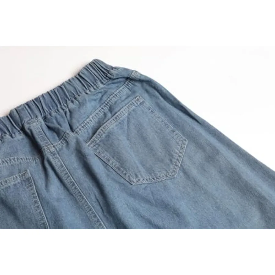 ebossy Women's Casual Elastic Waist Frayed Hem A-Line Distressed Hippie Long Maxi Denim Skirt view 4