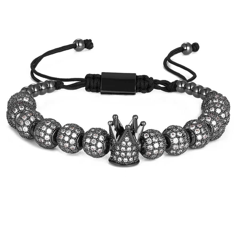 TYO 3pcs/Set Crystal Crown Cubic Zirconia Micro Pave 8mm Combination Beads Bracelet 16-25cm  Adjustable Size Rope Jewelry Gift image 2