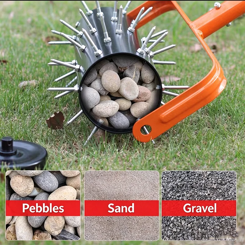 Manual Rolling Lawn Soil Aerator 42 Steel Spikes Core Plug Aerator Roller Garden Lawn Maintenance Equipment