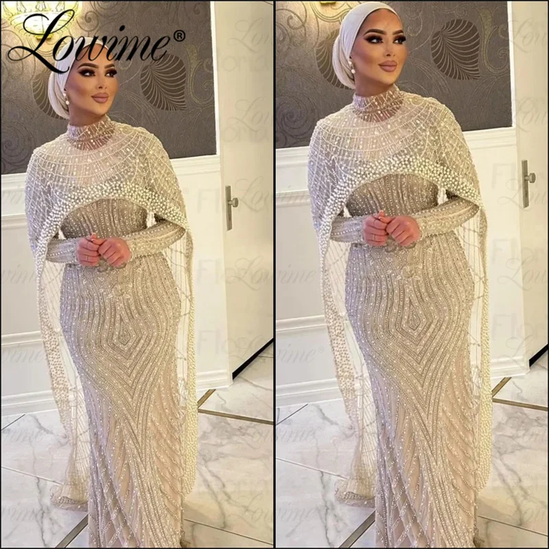 2024 Heavy Beaded Muslim Beige Arabic Evening Dress Dubai Design Two Piece Prom Dresses Formal Occasion Long Sleeve Party Gowns