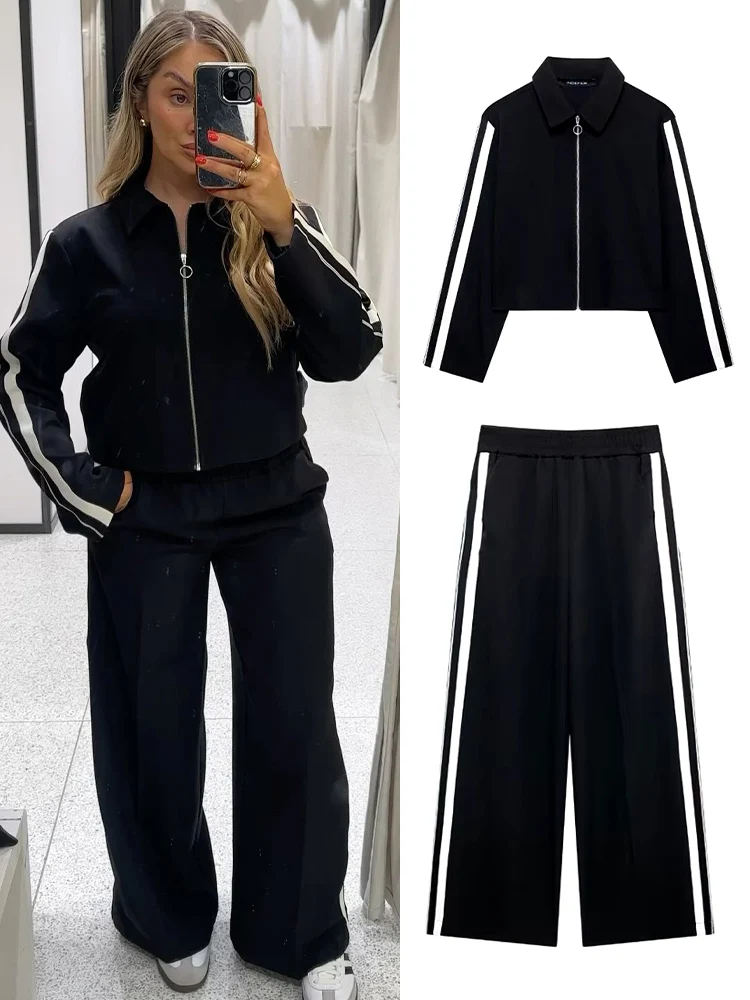 

TRAFZA 2024 Autumn Trousers Set For Women Fashion Side Stripe Cropped Jacket Top + Elastic Waist Wild Women's Wide Leg Long Pant