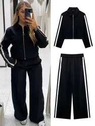 TRAFZA 2024 Autumn Trousers Set For Women Fashion Side Stripe Cropped Jacket Top + Elastic Waist Wild Women's Wide Leg Long Pant