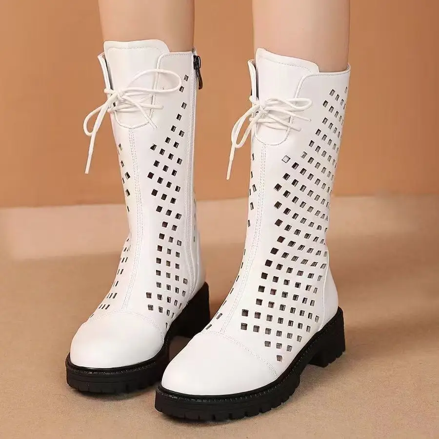 Women's Genuine Leather Big Size High Top Cool Boots Spring Summer New Soft Sole Round Toe Hollow Mid Calf Block Heel Boots