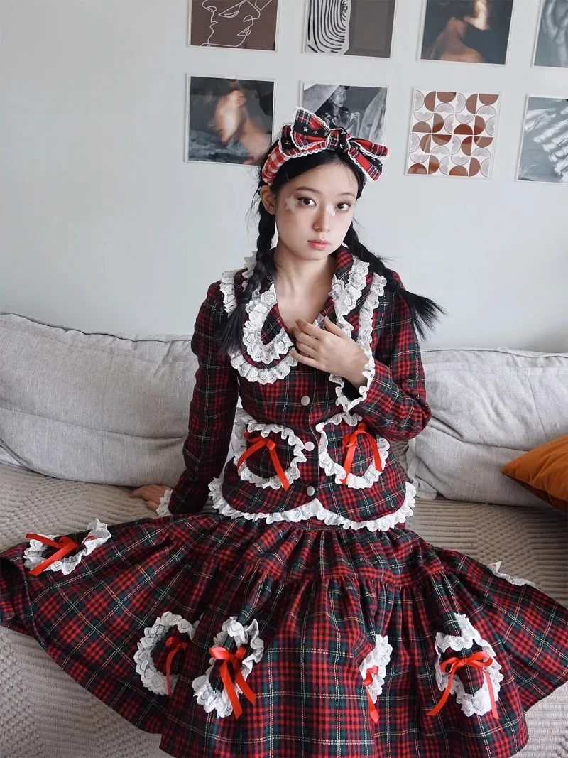 2024 New Japanese Autumn Original Design Sense Retro Red Plaid Suit Top Bow Lolita Cute Niche Fashion Versatile Coat For Women