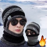 2PCs Winter Warm Knitted Hat Scarf set Thicken Velvet Lined Winter Hats Men and women Ear Protection Cap Neck Warmer Beanies