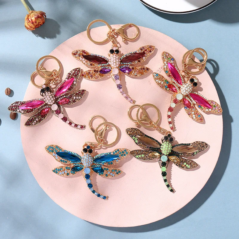 European and American Fashion Keychain Pendant Color Inlaid Crystal Hollow Dragonfly Alloy Keychain Creative Exquisite Gift