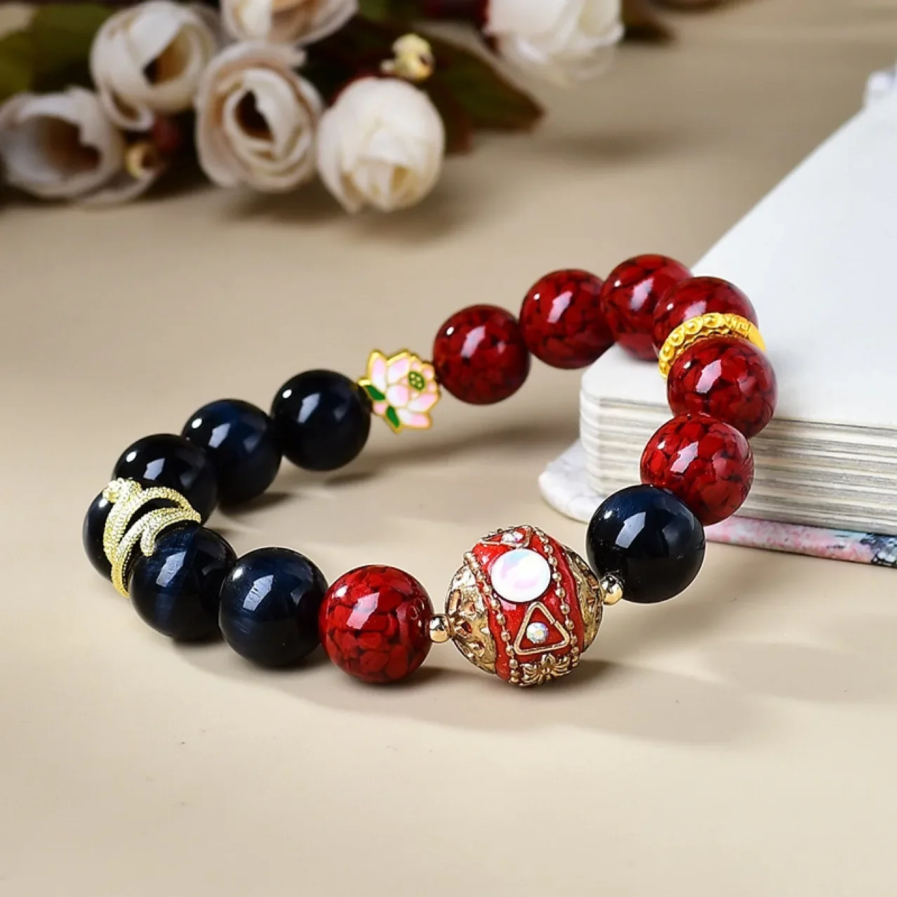 

Blue Tiger Eye Cinnabar Cloisonne Fashion Design Bracelet Men's and Women's Lucky Bracelet, Gift