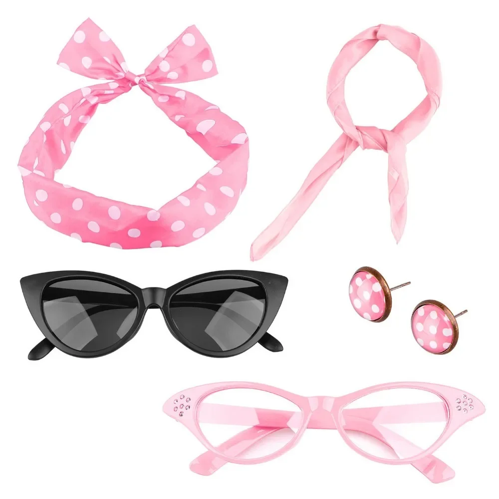 50s Disco Cosplay Costume Accessories Cat Eye Glasses Polka Dot Bandana Tie Headband Earrings Halloween Carnival Party Role Play