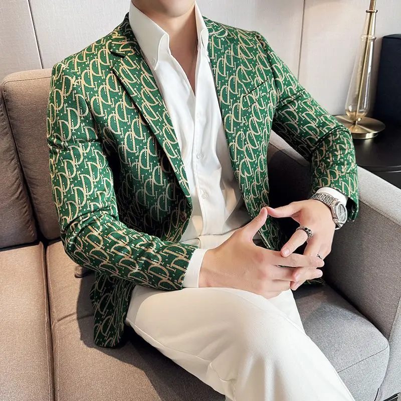 5-A2 Fashion casual slim fit green small suit men light luxury British Korean style business fancy suit jacket trendy top