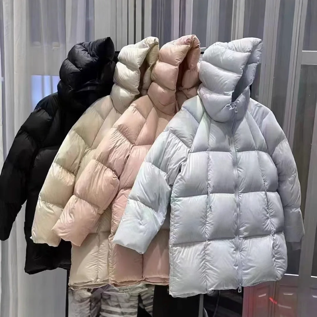 Nueva chaqueta acolchada larga con capucha y cuello de goma prensado para mujer, abrigo ligero de plumón de pato blanco cálido con cuello alto para invierno