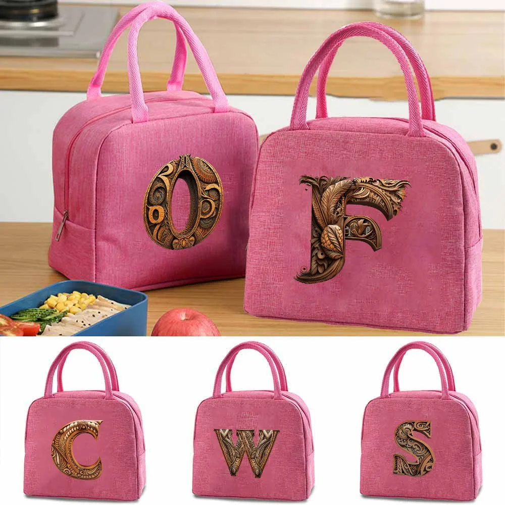 Canvas Lunch Box Lunch Handbags Insulated Cooler Portable Food Lunch Picnic Dinner Bags Men Women Jungle Wood Art Letter Pattern