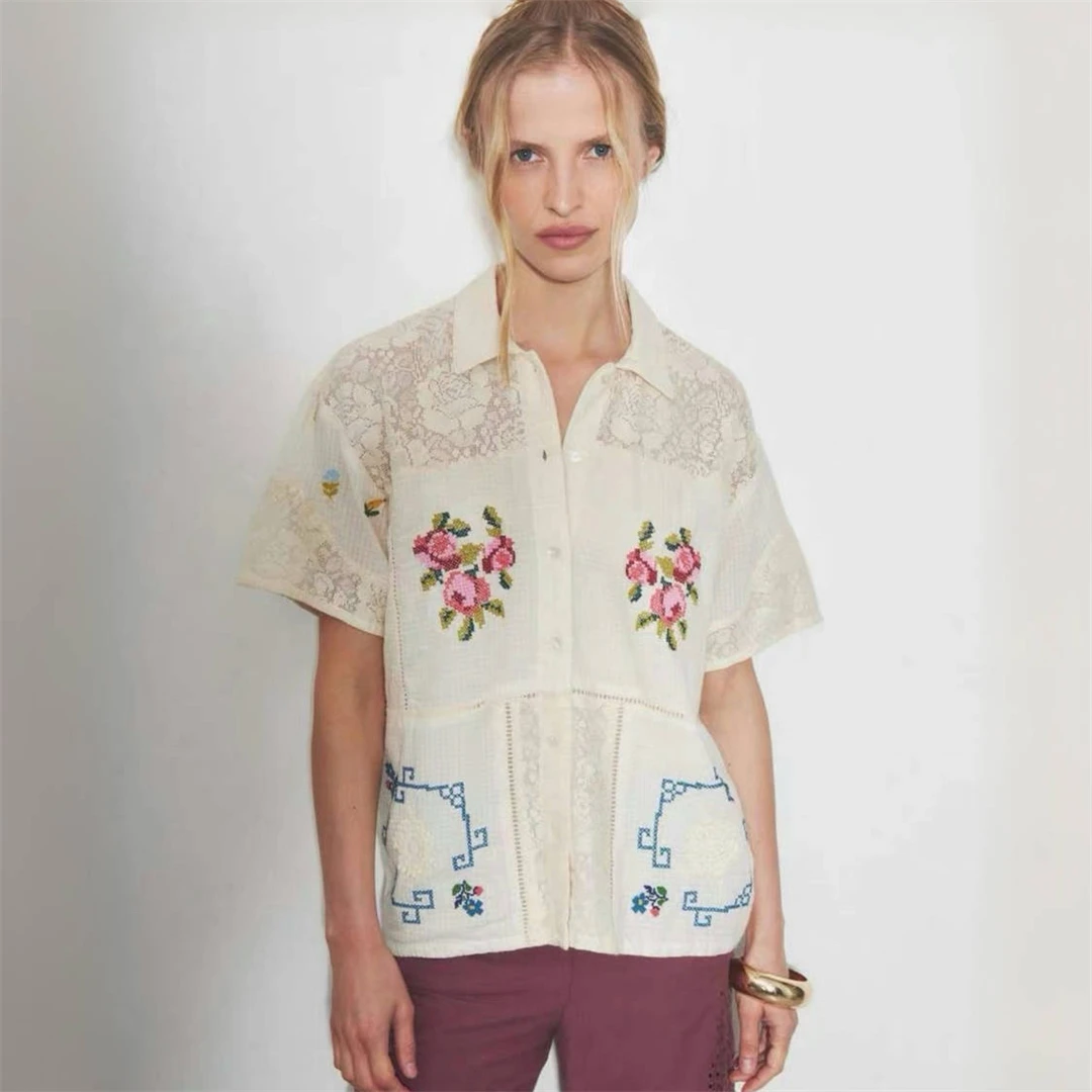 

Paris Louiz Embroidered Shirt Short Sleeve Cross Stitch Floral Cotton Casual Loose Fit Women's Summer Fashion Breathable