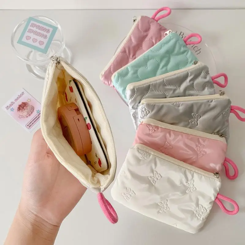 Love Heart Bow Coin Purse Cosmetic Pouch Zipper Sanitary Pad Pouch Portable Card Holder Earphone Data Cable Key Lipstick