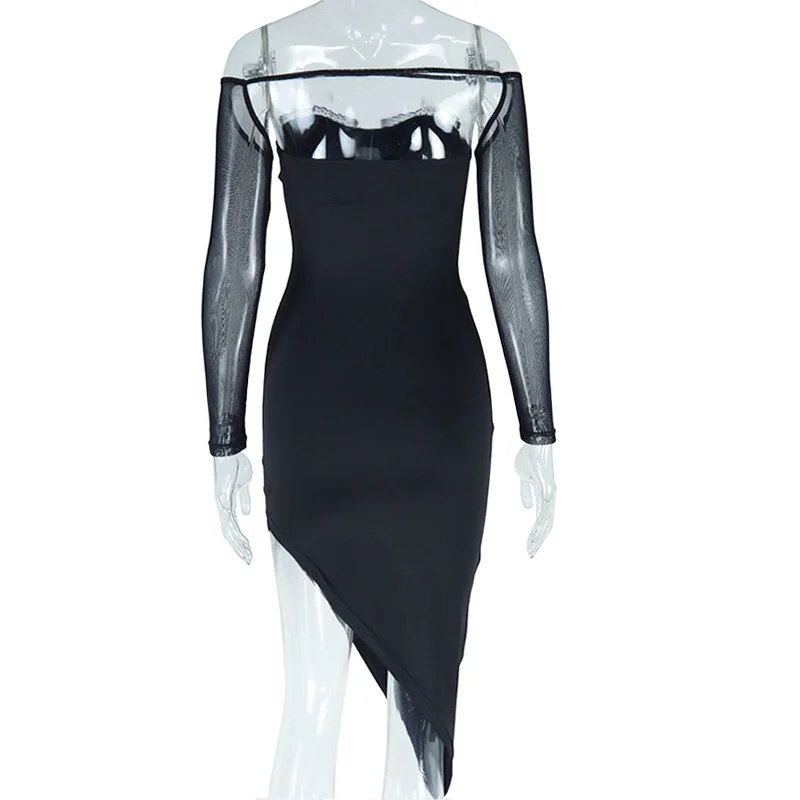WeiYao-Vestido ajustado para mujer, empalme de malla, dobladillo asimétrico, vestido sexy de corte, traje negro de encaje, fiesta de boda elegante