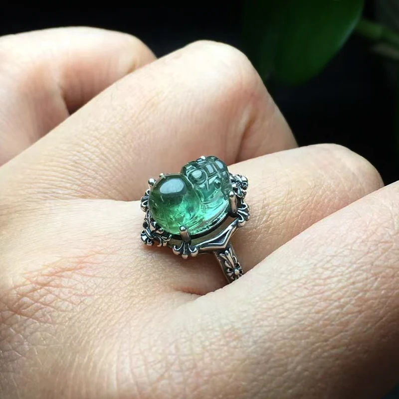

Unit One Piece Natural Watermelon Tourmaline Gemstone Crystal Pixiu Carving Finger-rings With Random Design 925Silver