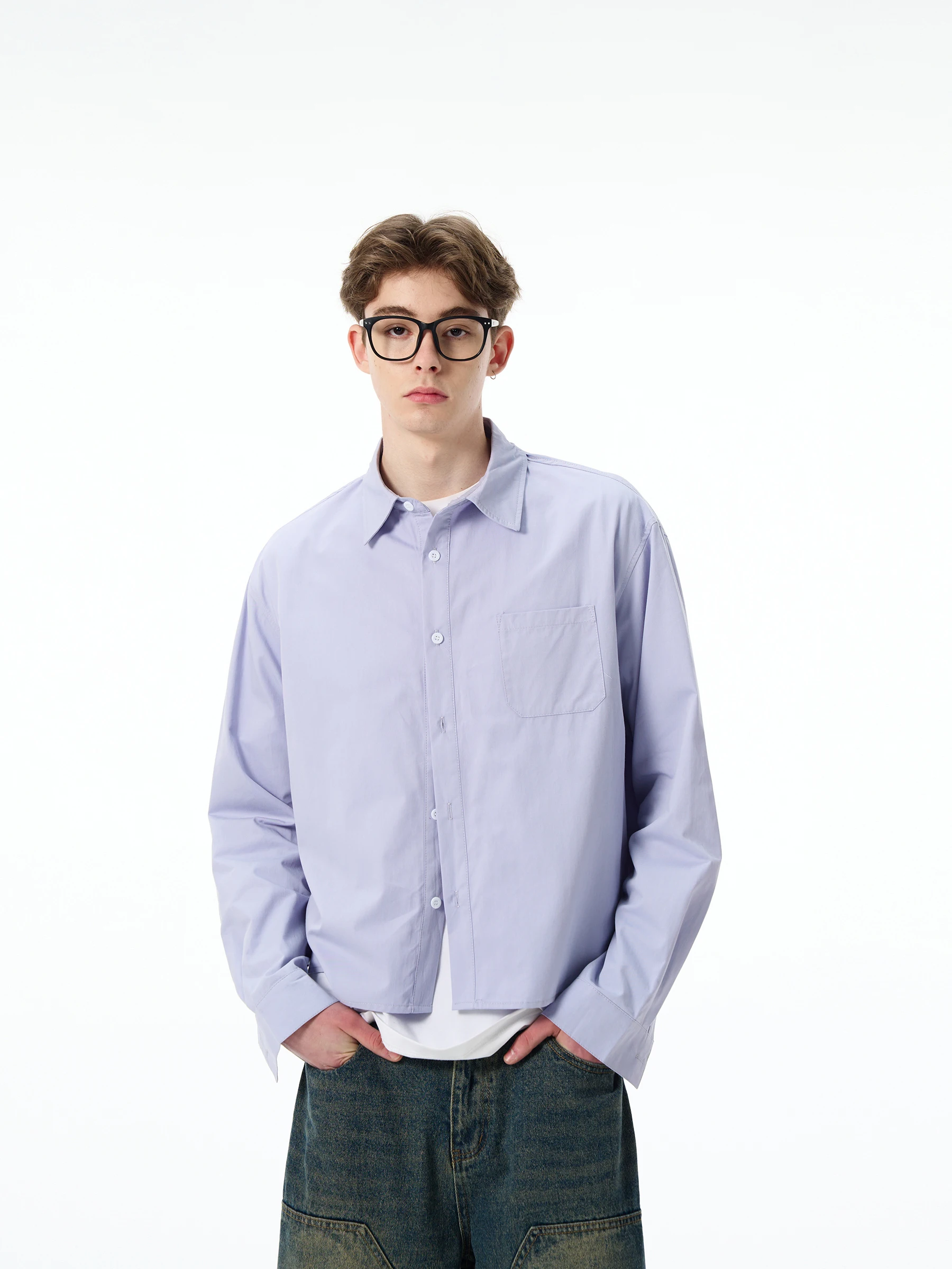 

MADWITCH Spring New mat Cleanfit Blue irt Jaet Men's Women's High-End Casual Top Trendy Long Sve Stand Fit