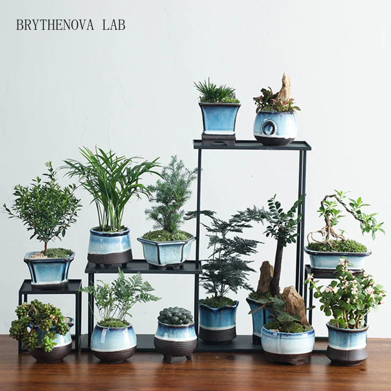 Ceramic Flowerpot Tianmu Glaze Blue Bonsai Pot Only Vase Plant Without Breathable Container for Office Balcony Garden Home Decor
