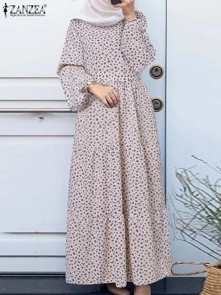 ZANZEA-vestido musulmán de Hijab turco para mujer, Vestido largo de Dubái con estampado Floral, Túnica Maxi de manga abullonada, moda de otoño