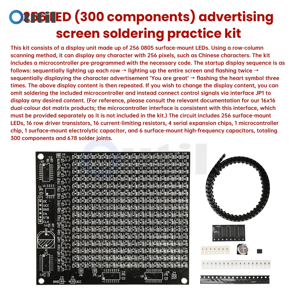 Zestaw DIY do elektroniki: Matryca LED 256 punktów, ekran reklamowy, dioda elektroluminescencyjna SMD, zestaw do lutowania, komponenty do nauki lutowania.