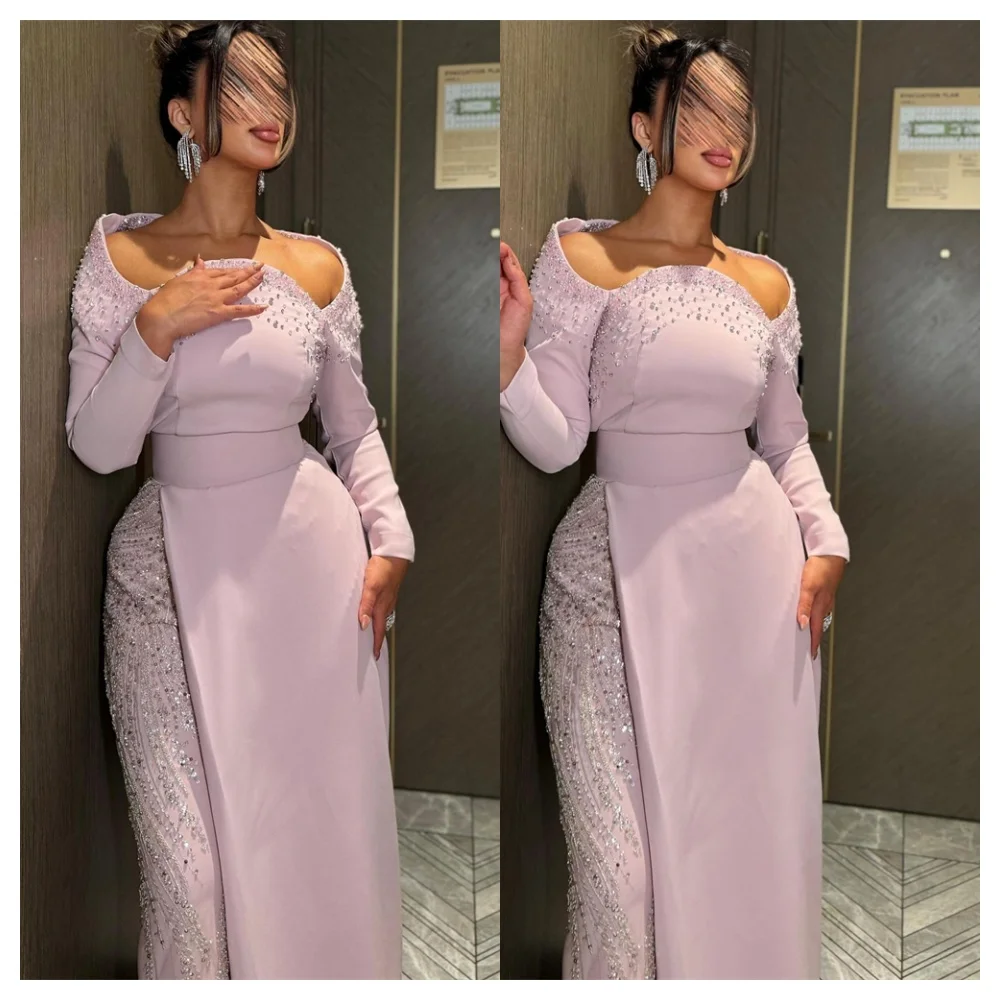 

Customized Modern Pink Jersey Evening Dress Exquisite Boat Neck Off the Shoulder Long Sleeves Party Dress Delicate Prom Dress