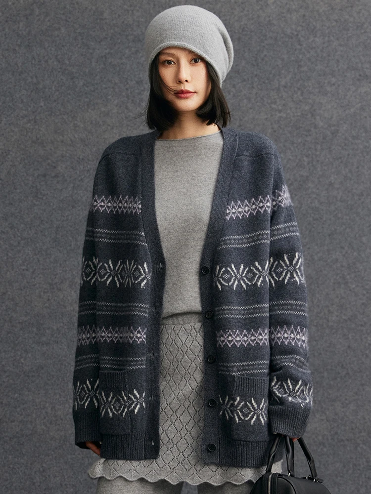 

TLOML Women's 100% Cashmere Sweater V-neck Cardigan Vintage Style Jacquard Cashmere Knitwear Thickness Jumper Autumn Winter Tops