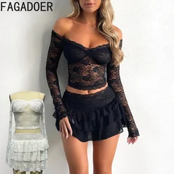 FAGADOER Women See Through Lace two Piece Set Outfit Sexy Ruffles Stitching Off Shoulder Crop Top And Mini Stacked Skirt Suits