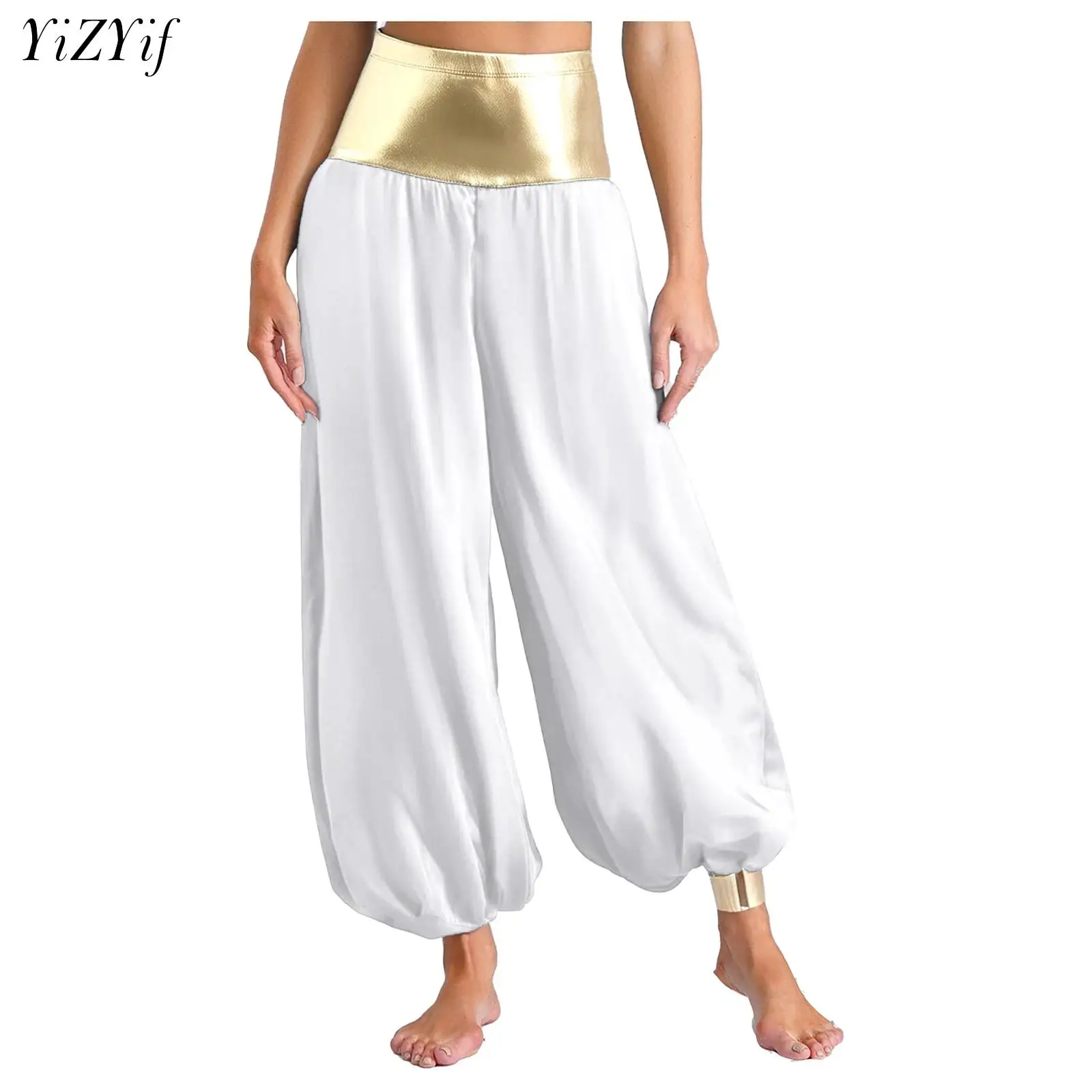 

Womens Indian Aladin Arabian Princess Costume Shiny Gold Trim Belly Dance Harem Pants Trousers Halloween Party Cosplay Dress Up
