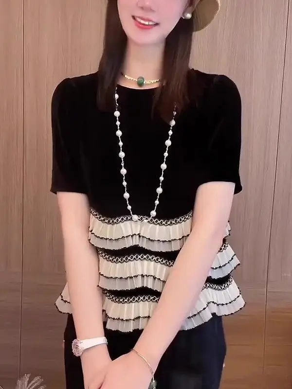 خليط مزاجه الجولة الرقبة الدانتيل اللون حجب قصيرة الأكمام تي شيرت موضة جديدة تنوعا لصيف 2025